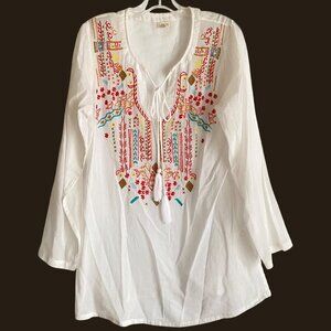 size L Kyla Sea Seo cotton white embroidered v-neck‎ tunic blouse boho